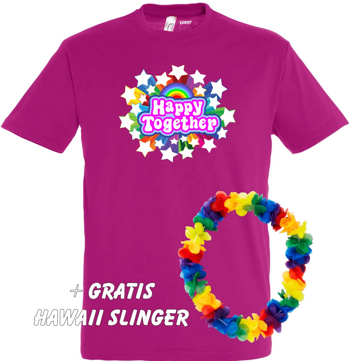 T-shirt Happy Together Stars | Toppers in Concert 2022 | Toppers kleding shirt | Flower Power | Hippie Jaren 60 | Fuchsia | maat S